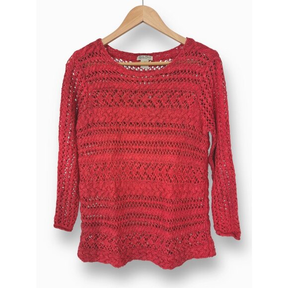 Size Medium LUCKY BRAND CORAL OPEN STITCH KNIT SWEATER TOP Boho Peasant Fall‎ - Picture 1 of 3